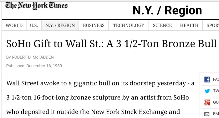 Arturo Di Modica wall st bull charging dec 15 1989