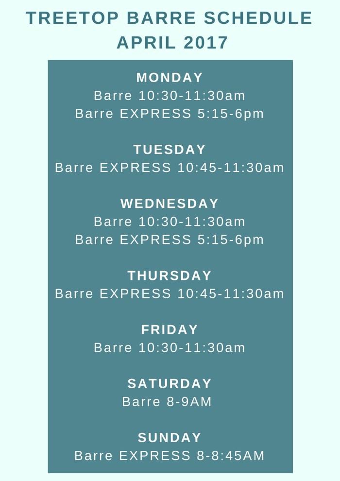 Treetop Yoga April Barre Schedule