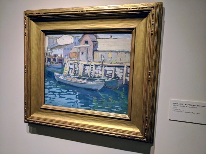 Ptown printmaker goucache by Margaret Patterson Motif Number One Rockport Harbor collection Roswitha & William Trayes RROCKBOUND installation Cape Ann Museum 20170602_110133.jpg