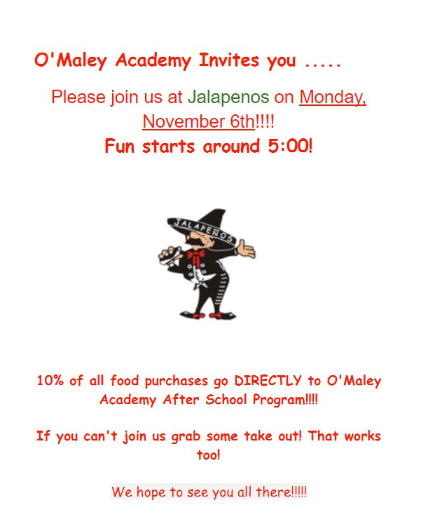 O'Maley Fundraiser Jalapenos Nov 6th 2017