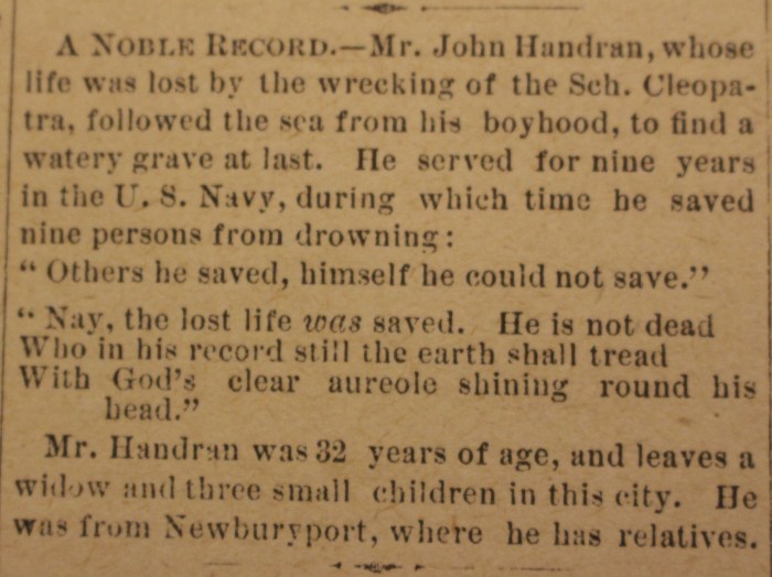 John Handran death Cape Ann Advertiser Jan 1 1886