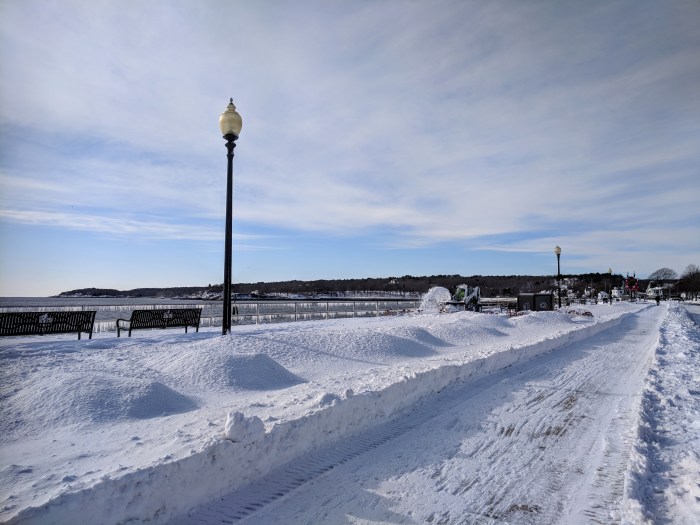 CLEAN UP AFTER STORM Stacy Boulevard sidewalk snow plow two walking paths GLOUCESTER MA IMG_20180106_110028
