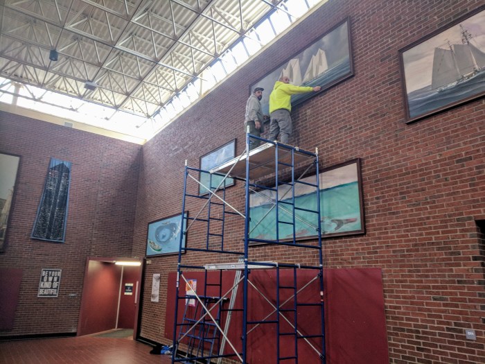 Five monumental Larry O'Toole paintings circa 1948- reinstalled O'Maley School circa 1971 - Gloucester MA DPW crew Mike Hale, Joe Lucido, Phil Curcuru, Mike, and John inspecting 2018 wit