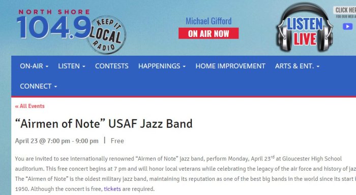AIRMEN OF NOTE jazz band at GHG listed on 104.9