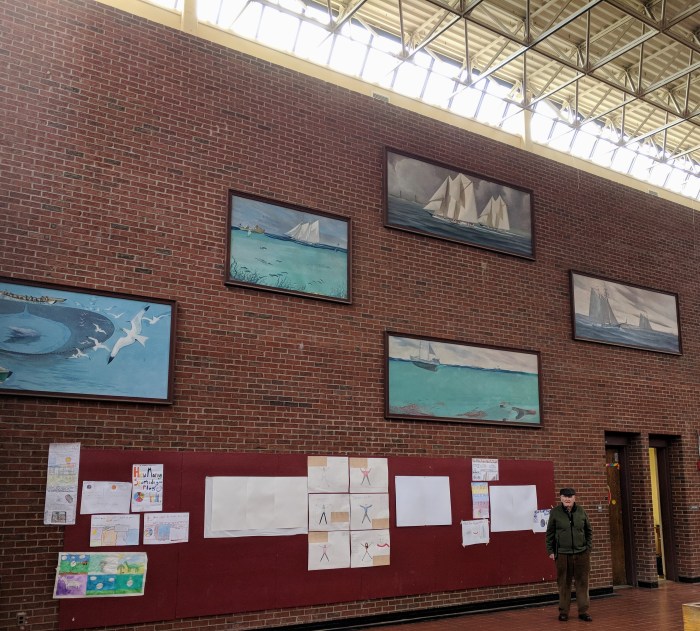 Ron Gilson visiting Larry O'Toole oils commisioned ca1945 by Ben Pine for YMCA and Master Mariners moved to Essex Shipbuilding-  then O'Maley ©c ryan.jpg