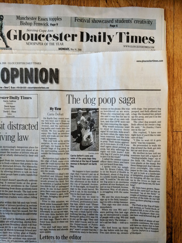 THE DOG POOP SAGA Carrie DeFort letter to the editor Gloucester Daily Times Monday May 14 2018.jpg
