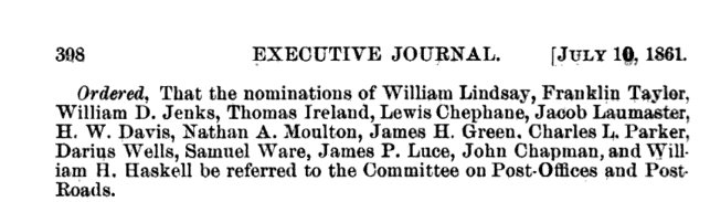 President Lincoln referred William H Haskell Gloucester Mass postmaster
