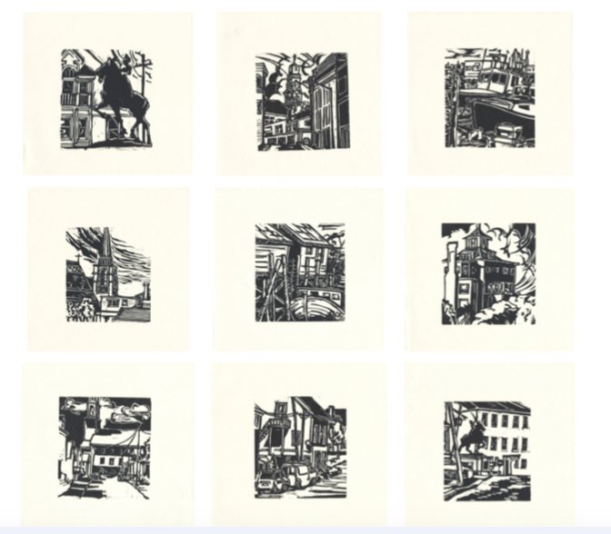 DAVID WEST woodcuts Gloucester MA series shown at Jane Deering Gallery Sept 2018