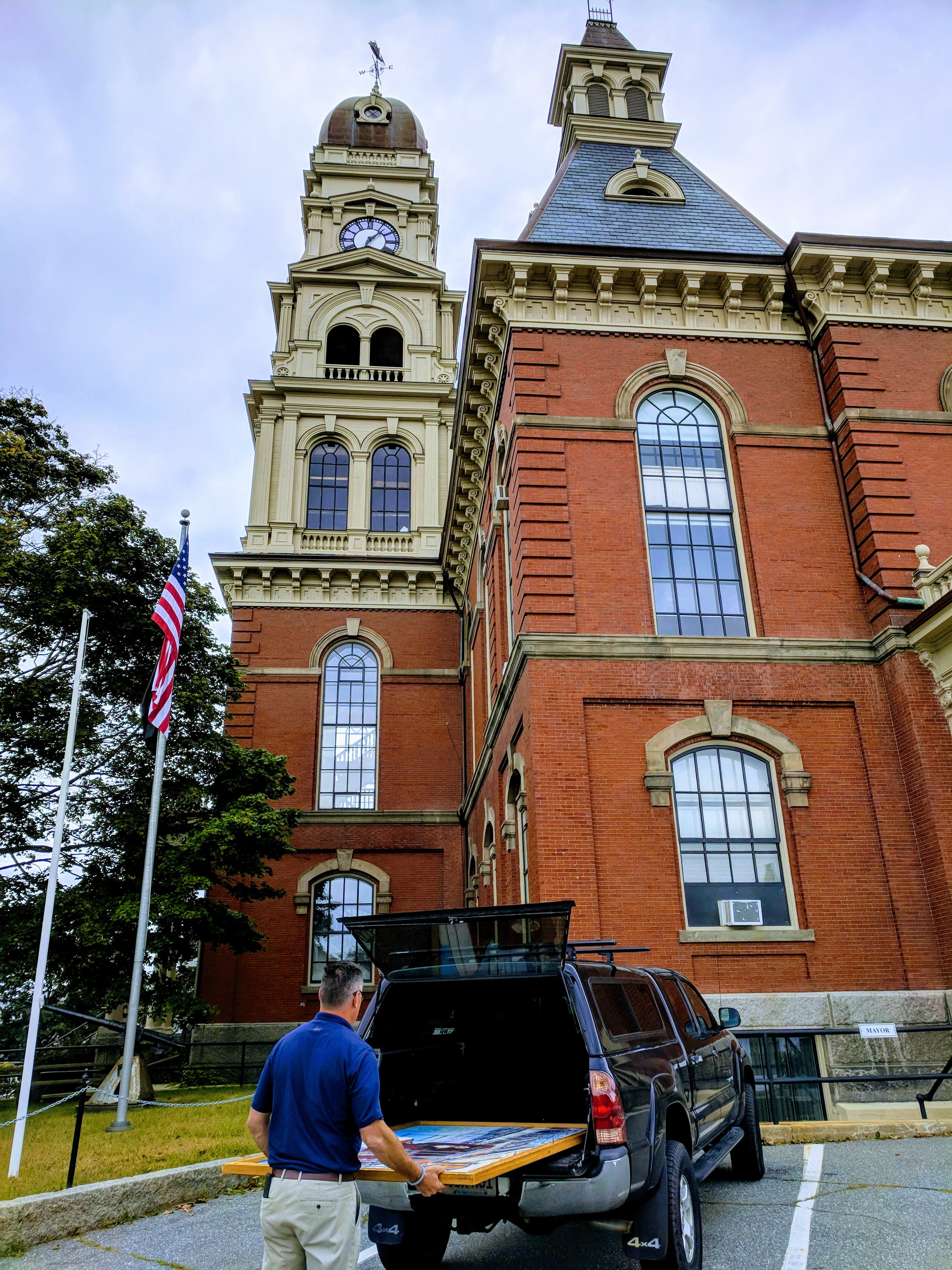 DPW rescue_Mike Hale KEN GORE back to City Hall after conservato repair necessary due to ill choice for wall label_ nasty epoxy migrated to painting surface_20180907_©c ryan.jpg