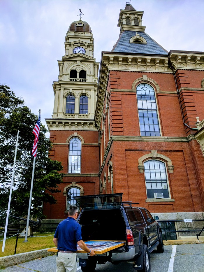 DPW rescue_Mike Hale KEN GORE back to City Hall after conservato repair necessary due to ill choice for wall label_ nasty epoxy migrated to painting surface_20180907_©c ryan.jpg