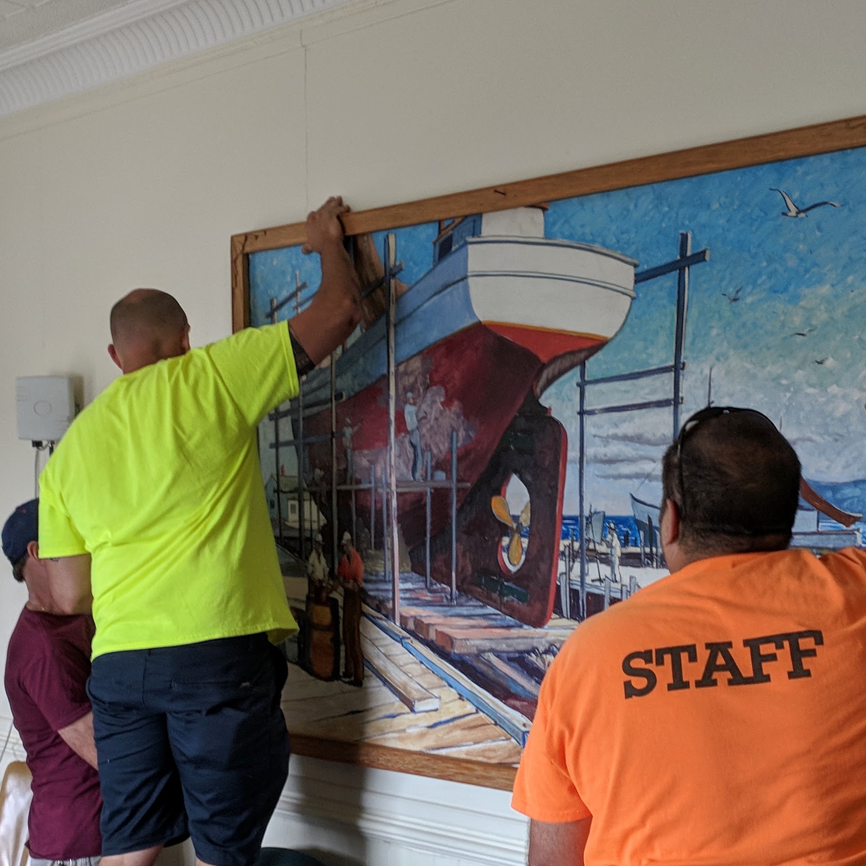 Gloucester Ma Public Works_reinstalling restored KEN GORE painting to City Hall_Gloucester Mass_20180907_©c ryan.jpg