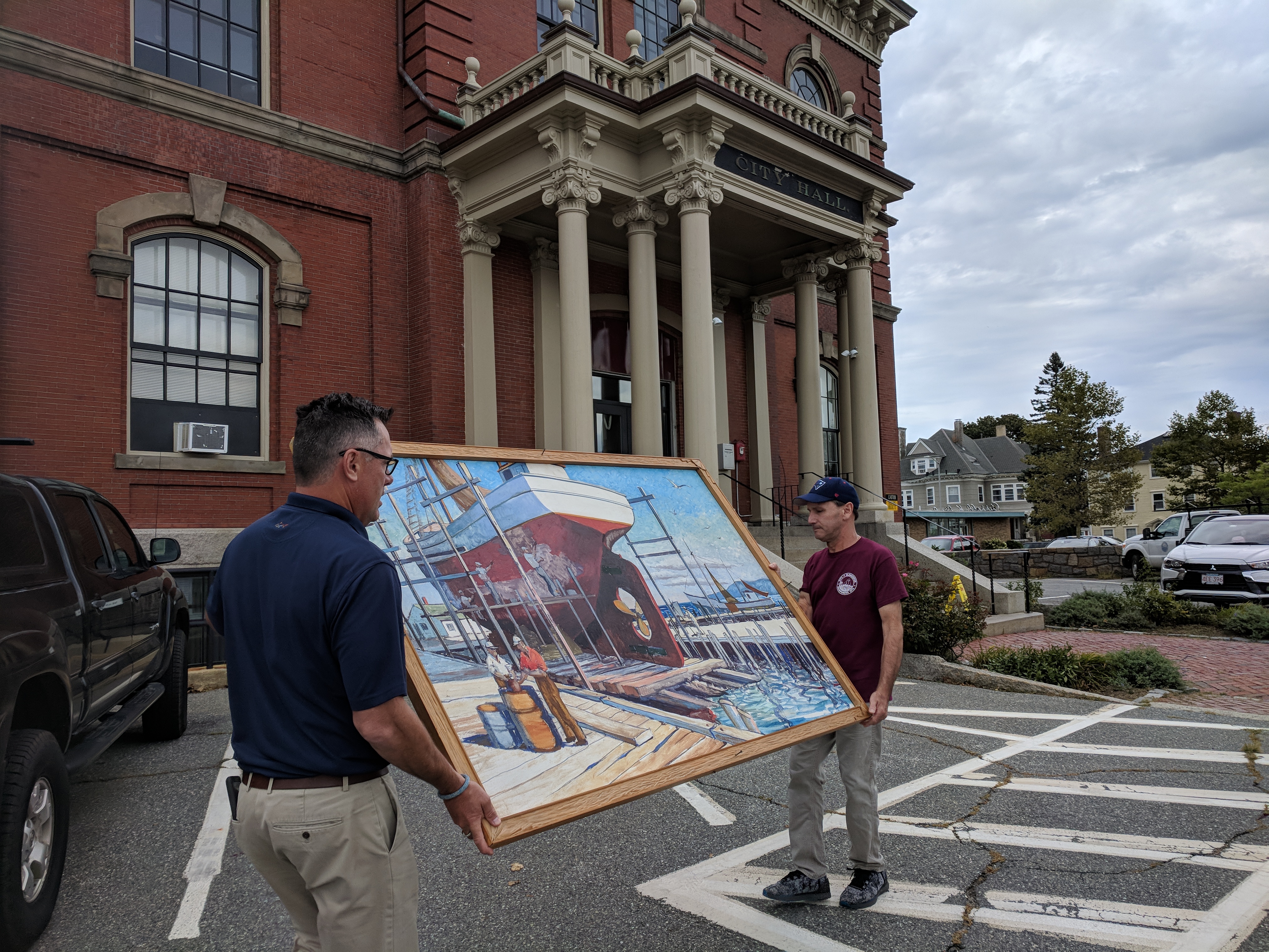 Mike Hale and Bobby return KEN GORE painting to City Hall after slight repair necessary due to ill choice for wall label_ nasty epoxy migrated to painting surface_20180907_©c ryan.jpg