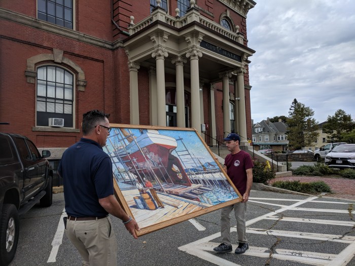 Mike Hale and Bobby return KEN GORE painting to City Hall after slight repair necessary due to ill choice for wall label_ nasty epoxy migrated to painting surface_20180907_©c ryan.jpg