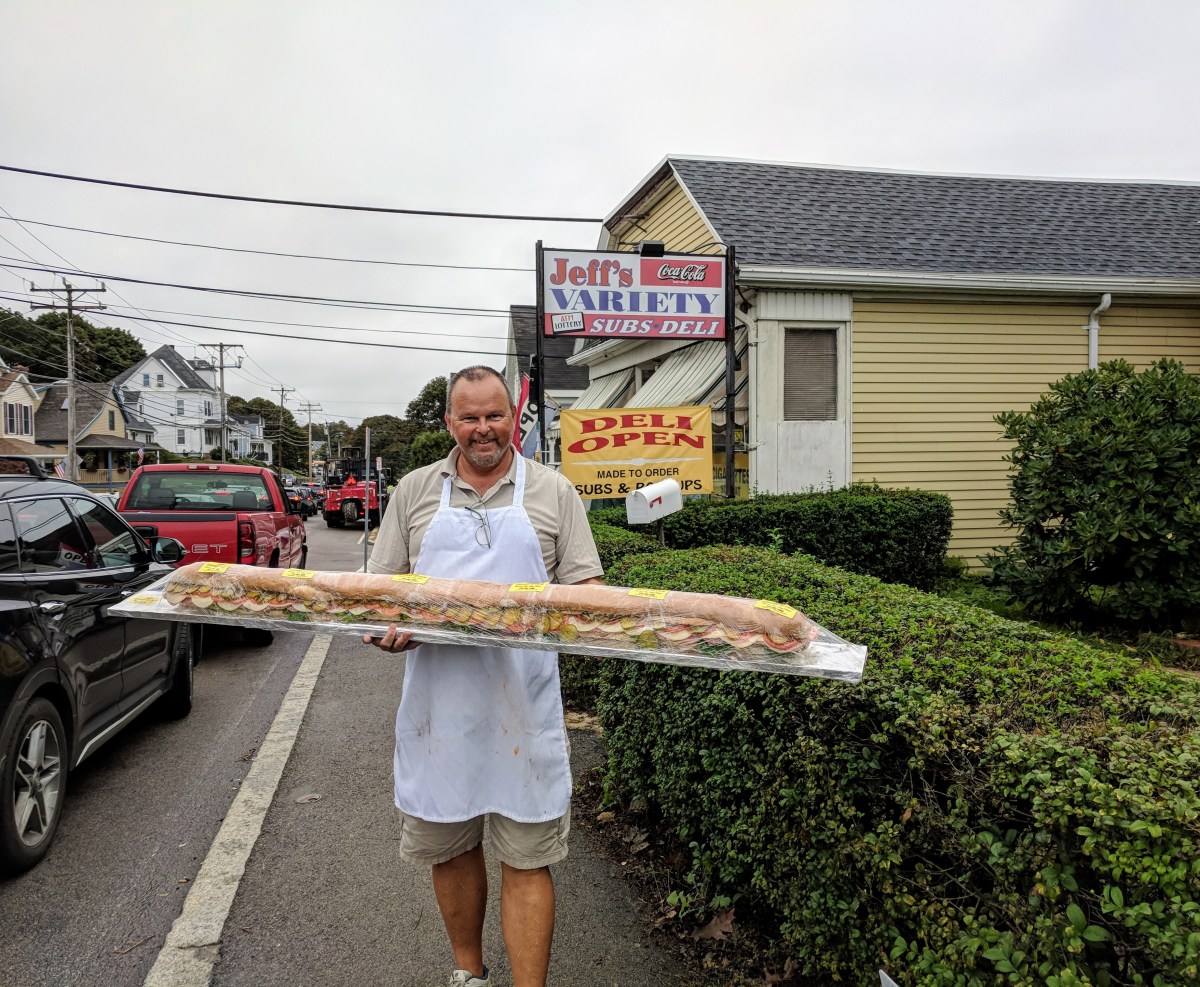 Giant party subs! Jeff’s Variety of Gloucester feeding the crew of