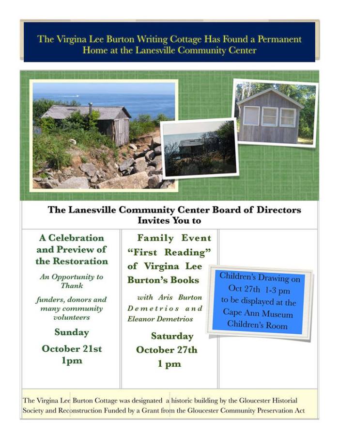 Virginia Lee Burton Writing Cottage at Lanesville Community Center opening reception celebration flyer