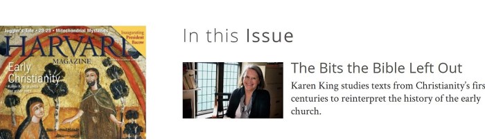 KAREN KING Harvard magazine   Nov-Dec 2018 issue_cover story profile by Lydialyle Gibson.jpg