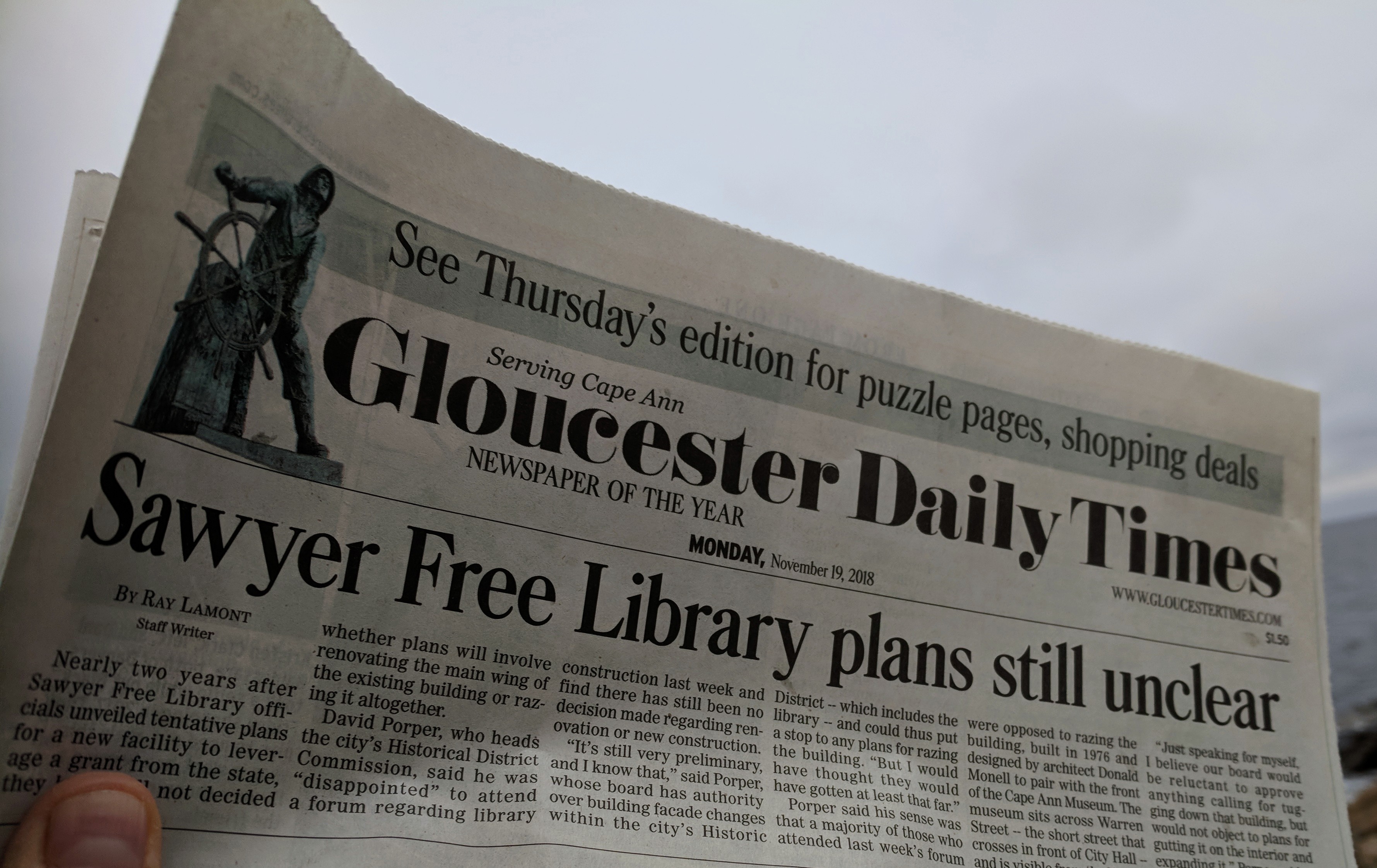 Ray Lamont article above the fold_library building plans update_Gloucester Daily Times_20181120_©c ryan