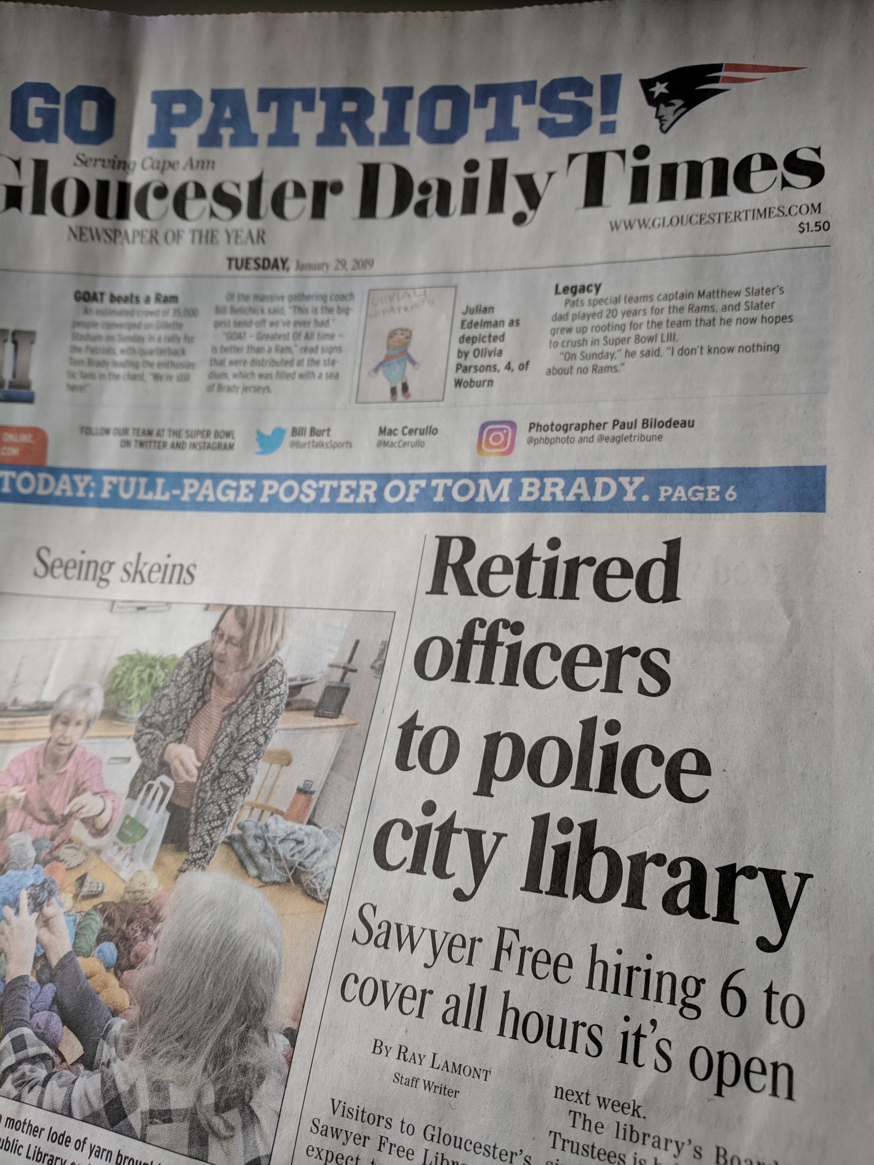 front page todays GDT newspaper_ Sawyer Free Library retired police officers_20190129_© c ryan.jpg