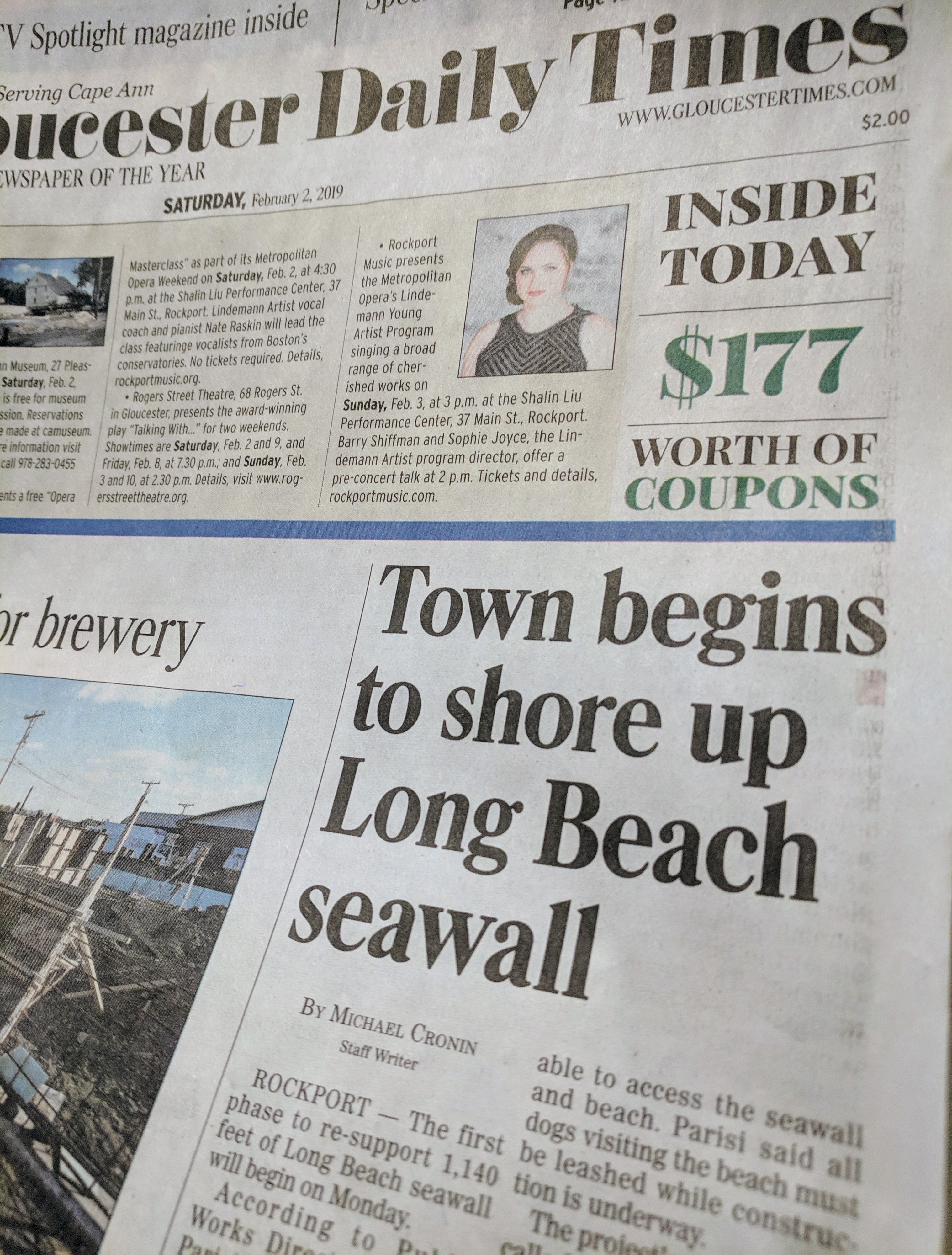 Michael Cronin writes about upcoming seawall repairs_Gloucester Daily Times front page feb 2 2019