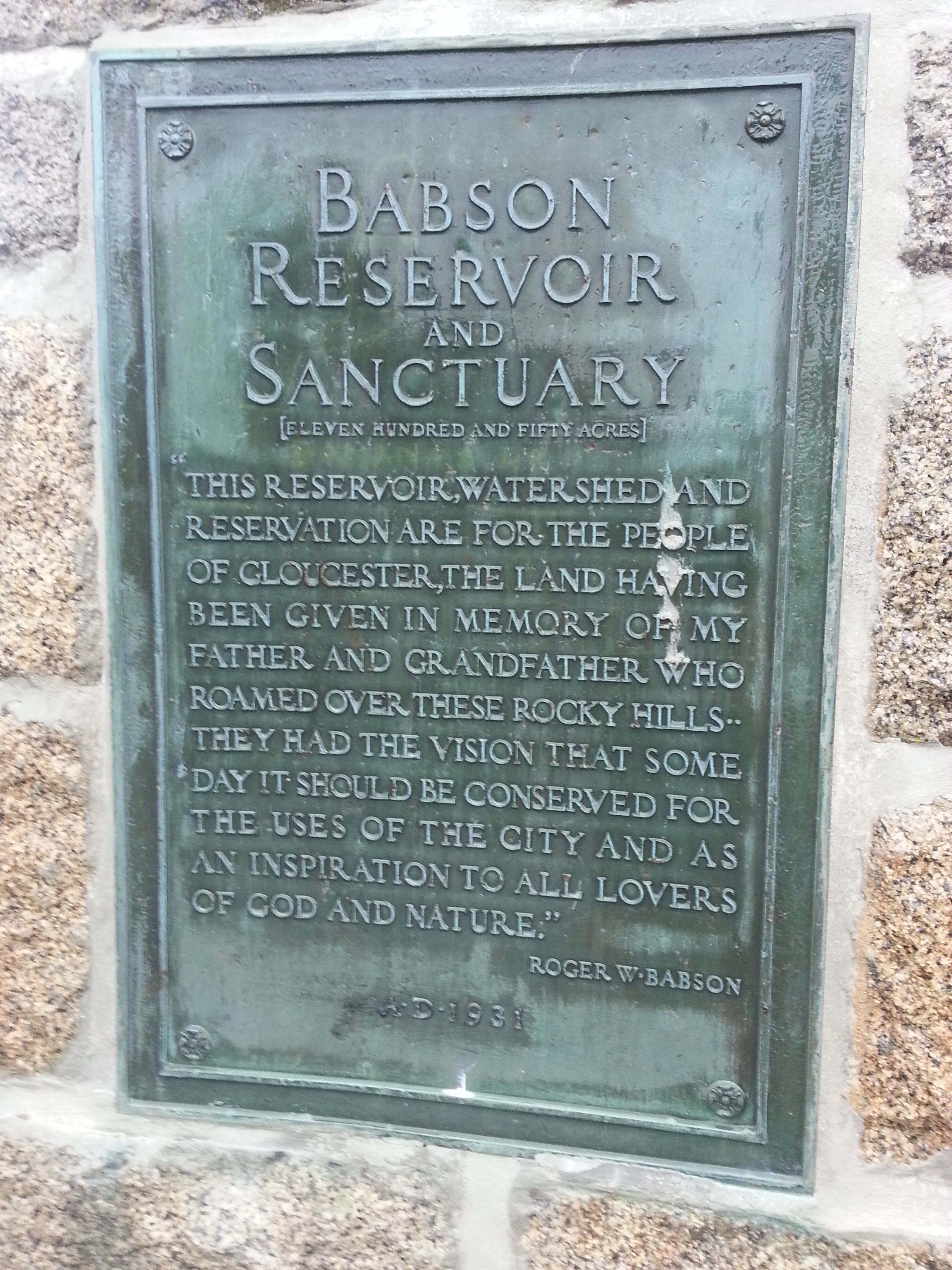 Babson Reservoir and Sanctuary 1931 dedication plaque Gloucester MA photograph 20160810_©catherine ryan
