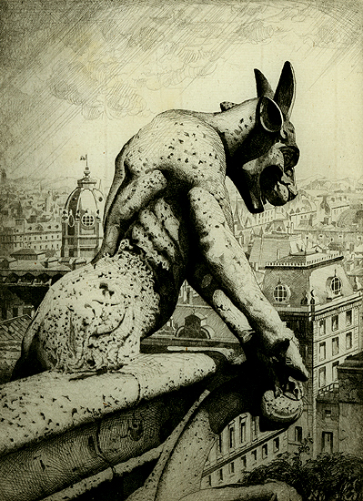 John Taylor Armsthe Gargoyle and His quarry, Notre Dame 1920 etching