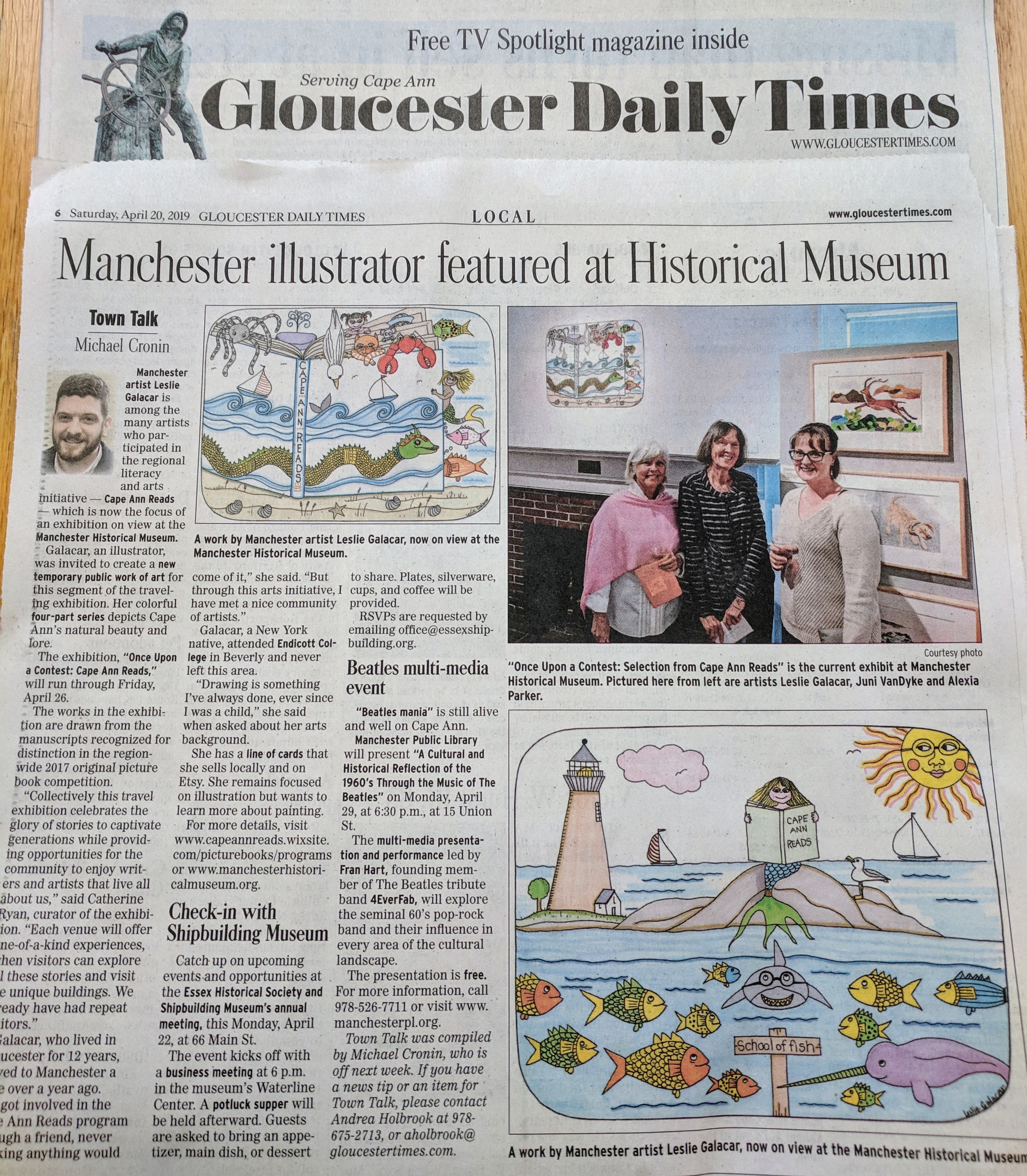 Leslie Galacar temporary works featured in GDT_20190420_Cape Ann Reads at Manchester Historical Museum