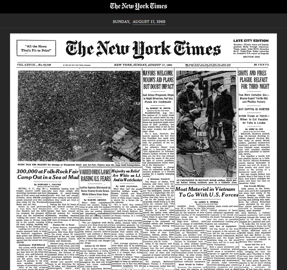 Woodstock front page New York Times Sunday August 17 1969