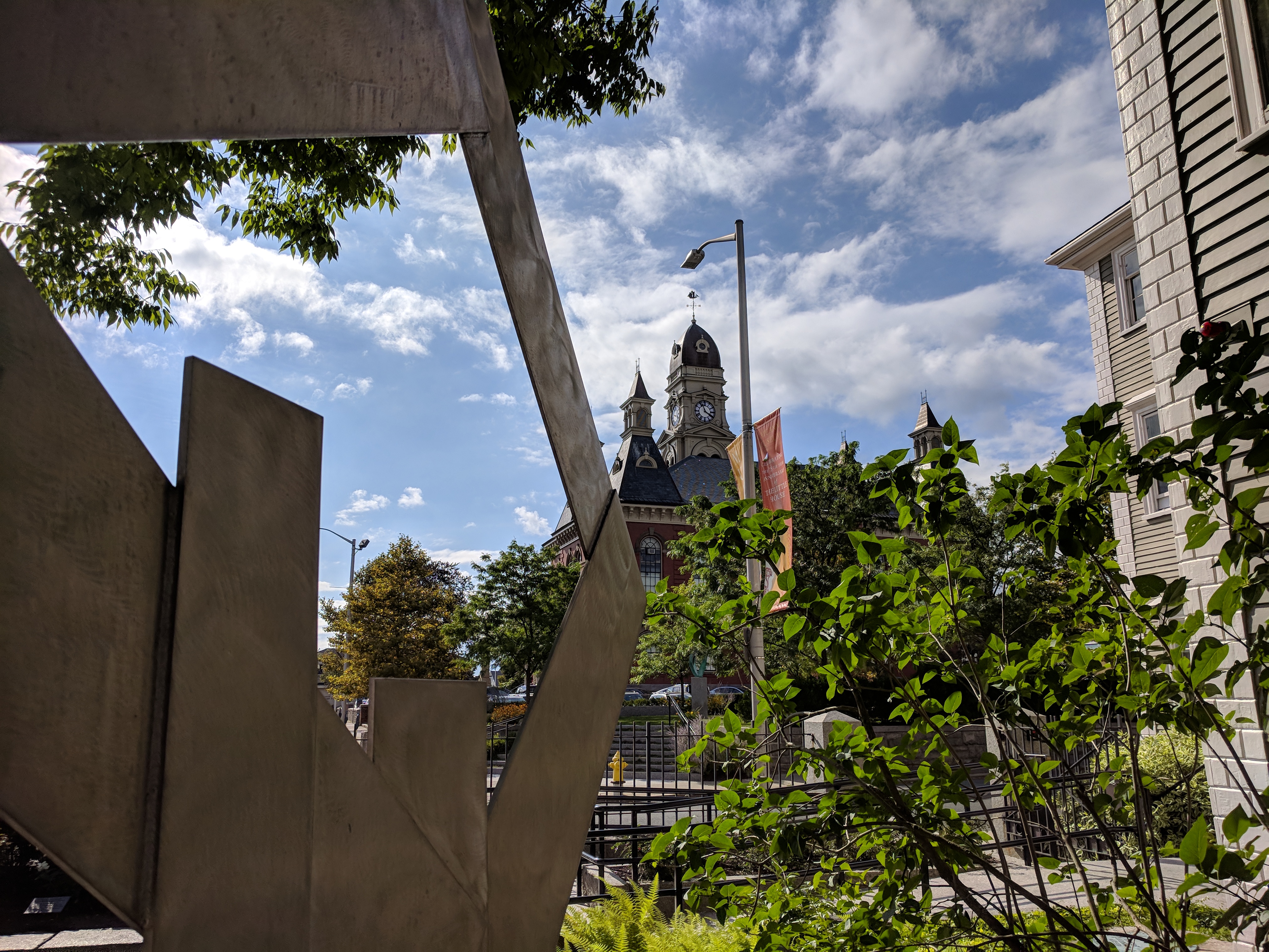 Looking back to city hall through ROBERT AMORY sculpture Cape Ann Museum courtyard_Gloucester MA _20180830_©c ryan