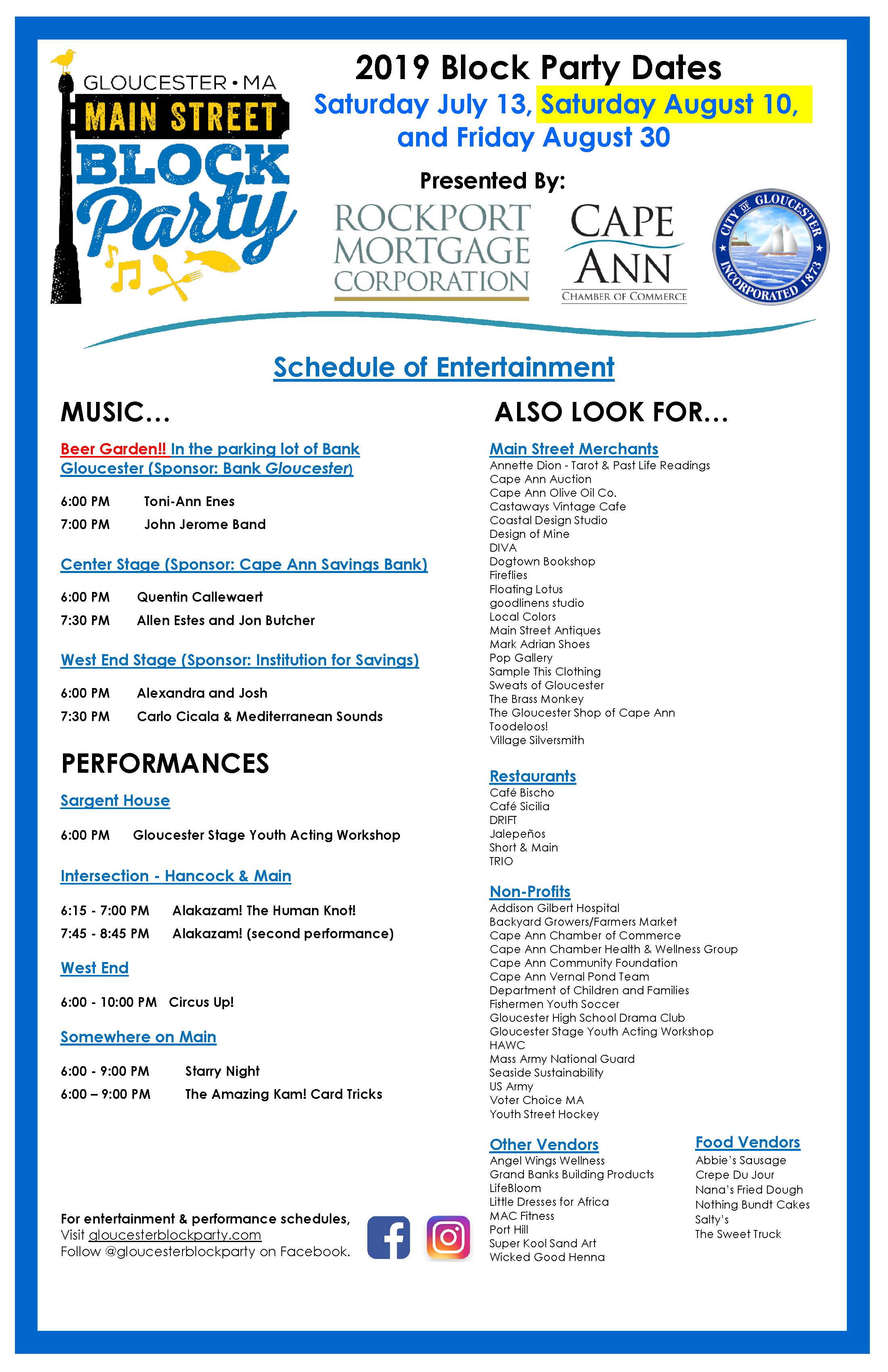 2019 Block Party Schedule Aug 8