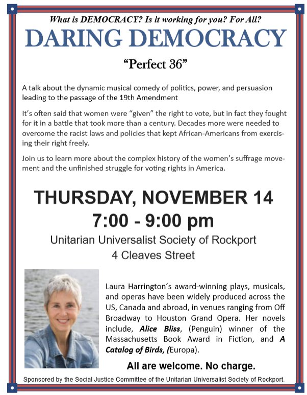 LAURA HARRINGTON Perfect 36 discussion at Rockport UU November 2019 flyer