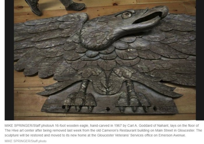 Mike Springer photograph for Gloucester Daily Times- 16 foot wooden eagle hand carved in 1967 by Carl A. Goddard of Nahant