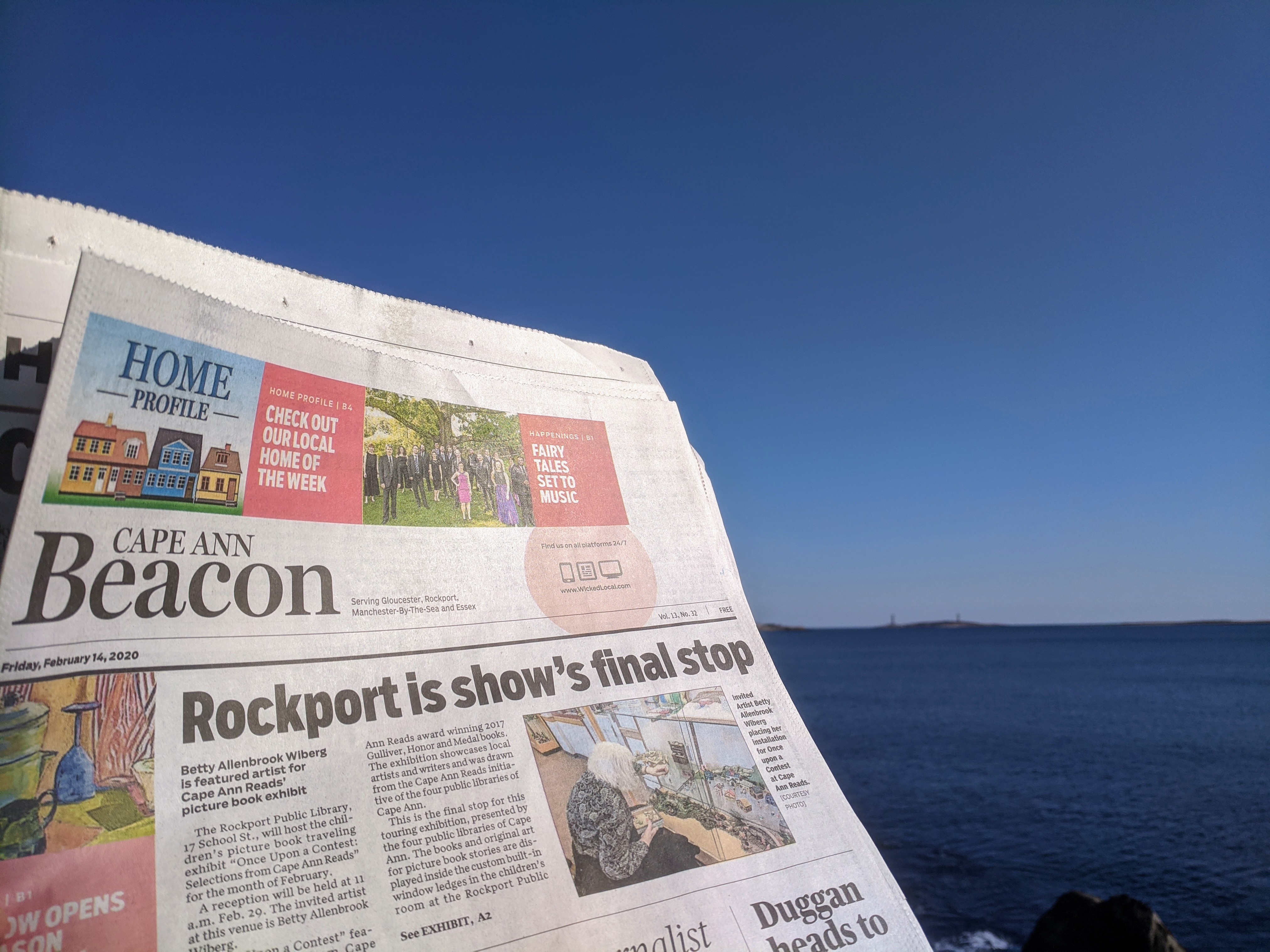 Cape Ann Beacon front page_20200217_Betty Allenbrook Wibert and Cape Ann Reads Rockport show February 2020