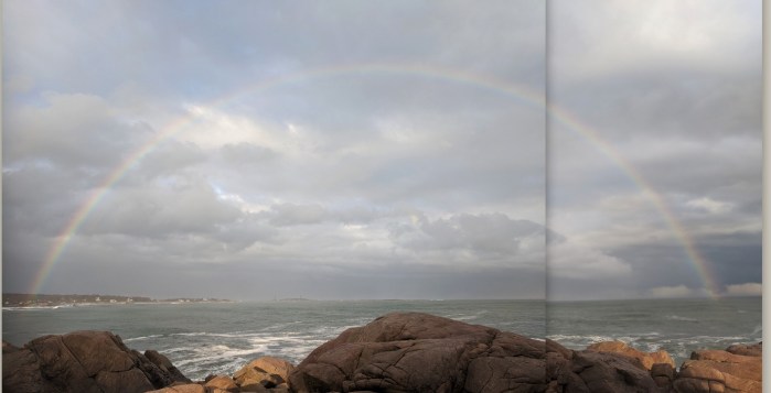 poor pano patch _big rainbow March 13 2020 view from Gloucester Ma near Long Beach Twin Lights in distance