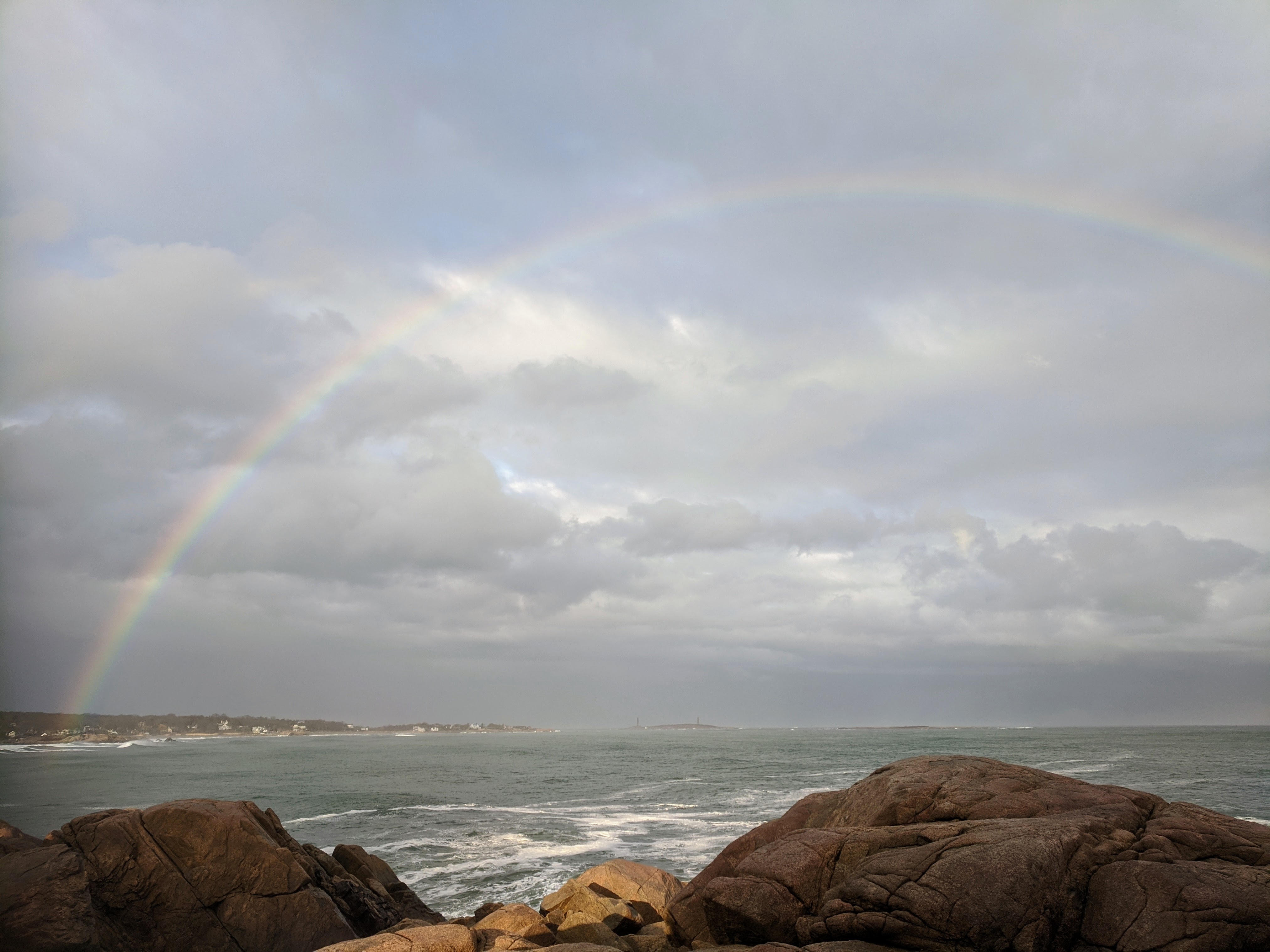 Rainbow! view from Gloucester MA off Long Beach _Thacher Twin Lights lighthouses _20200313_©c ryan