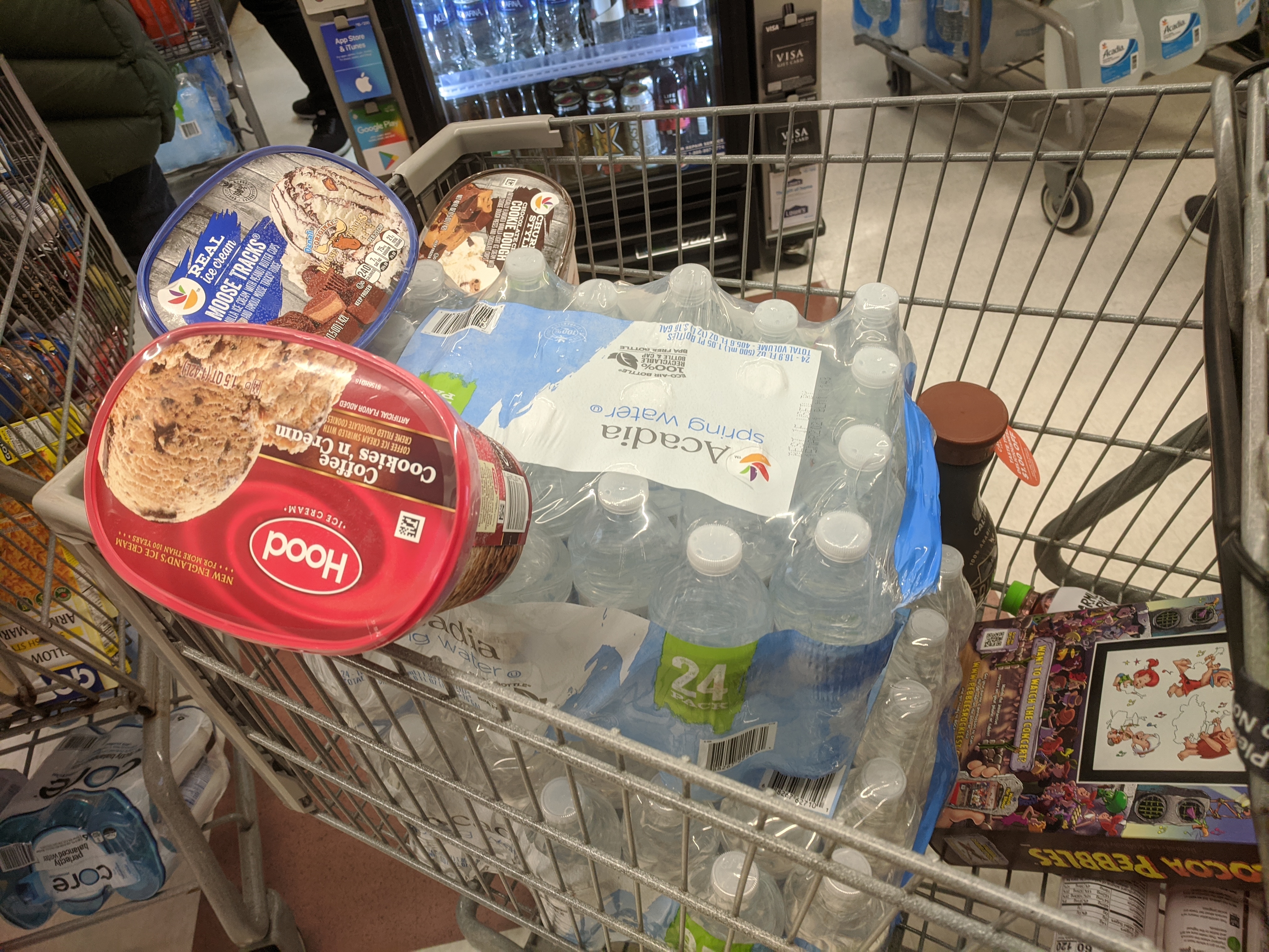 the essentials_ice cream and water_one shopper's cart at stop &amp; shop Gloucester MA_20200312 ©c ryan