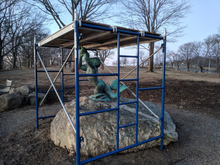 BEFORE landscape revamp, triton-bronze, scupture-public-art-stacey-boulevard-gloucester-ma-artist-walker-hancock-monuments-man_March 2019 ©c ryan